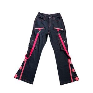 Hot Topic Black & Hot Star Flare Pants Size 3 Punk Rave Emo Y2K
